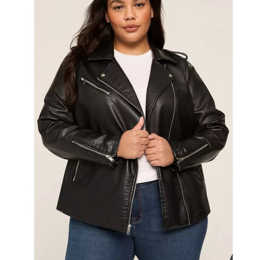 Lane Bryant Black Faux Leather Moto Jacket with Zip Details
